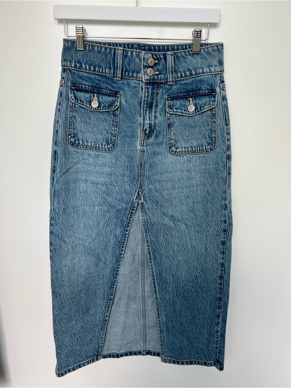 We the free free people women’s blue Denim Midi Skirt with Front Slit
